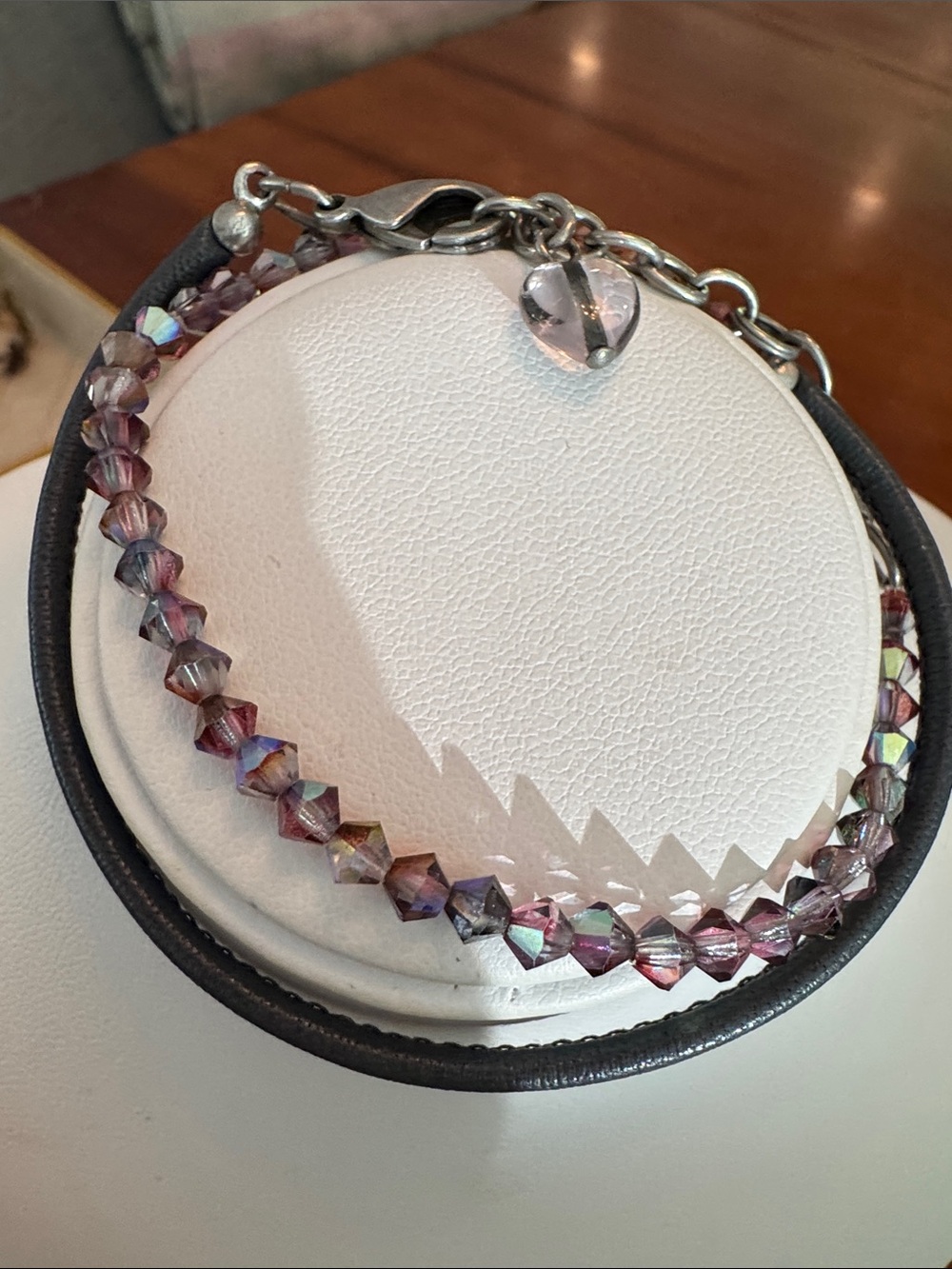 Sabika Delicate Pink Crystal Bead Bracelet with Heart Charm